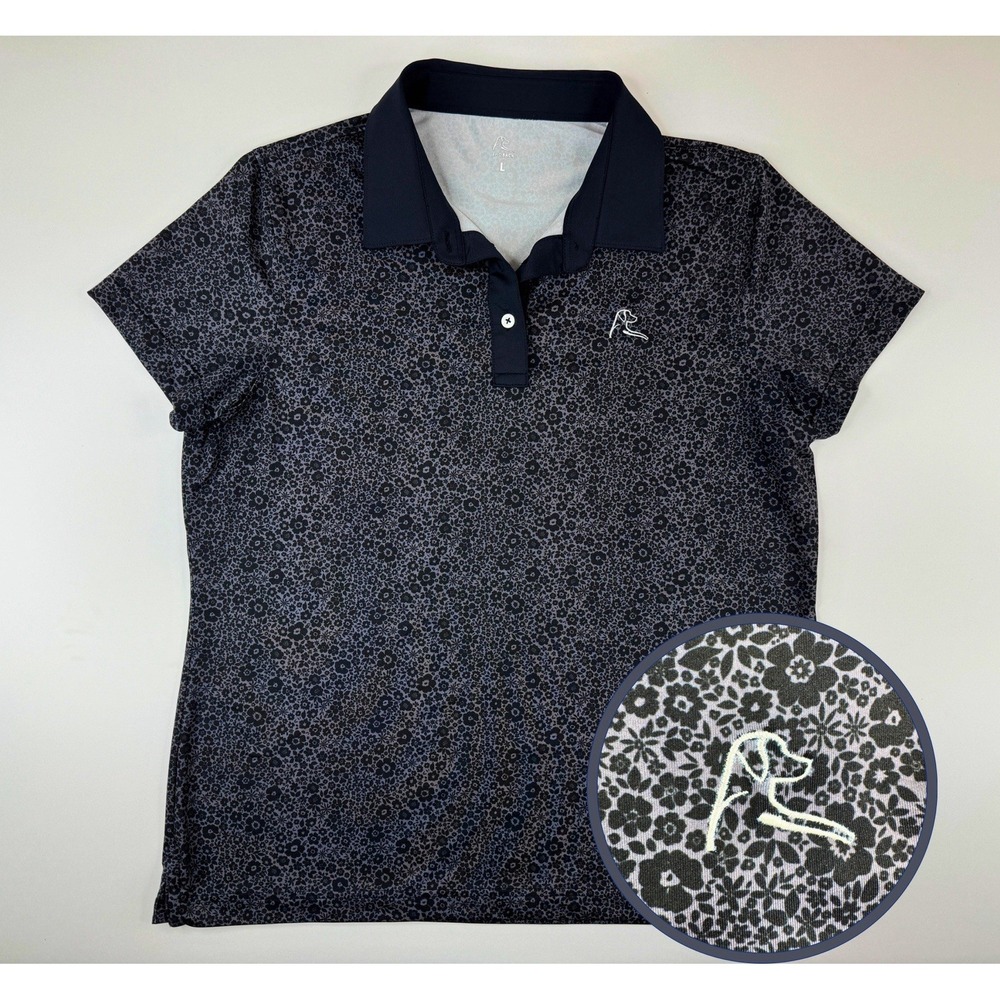 Rhoback Women's Performance Golf Polo Shirt Large Black Gray Floral Print Top